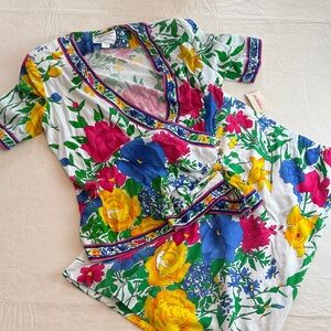 Saks Fifth Avenue Robert Janan Colorful Floral Wrap Blouse Skirt Set Size 12 NWT